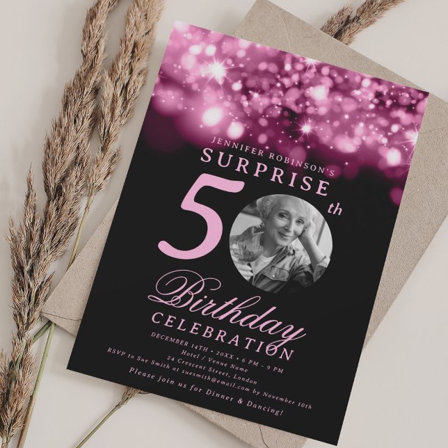 Invitación SURPRISE Photo 50th Birthday Hot Pink Midnight  (SURPRISE Photo 50th Birthday Hot Pink Midnight Invitation)