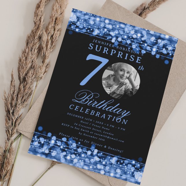 Invitación SURPRISE Photo 70th Birthday Navy Blue Lights (SURPRISE Photo 70th Birthday Navy Blue Lights Invitation)