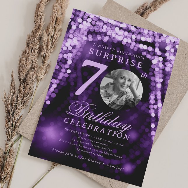 Invitación SURPRISE Photo 70th Birthday Purple Glam Lights  (SURPRISE Photo 70th Birthday Purple Glam Lights Invitation)