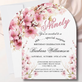Invitación SURPRISE Pink Floral Arch Elegant 90th Birthday 