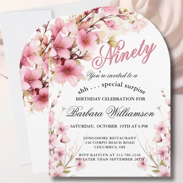 Invitación SURPRISE Pink Floral Arch Elegant 90th Birthday  (Subido por el creador)
