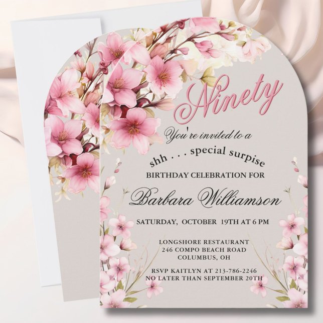 Invitación SURPRISE Pink Floral Arch Elegant 90th Birthday  (Subido por el creador)