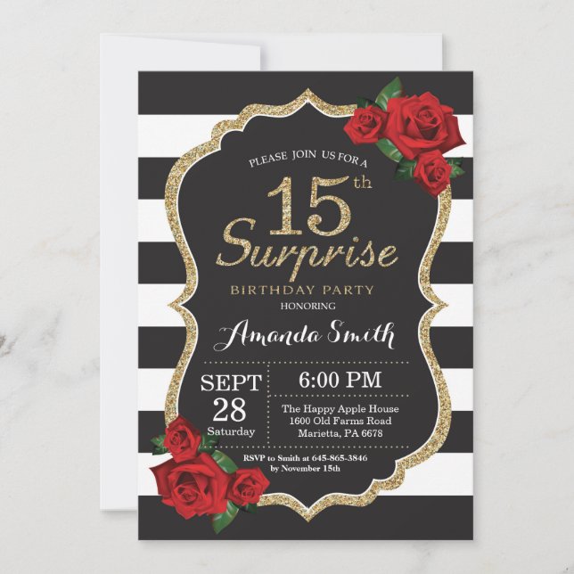 Invitación Surprise Red Rose 15th Birthday Invitation Gold (Anverso)
