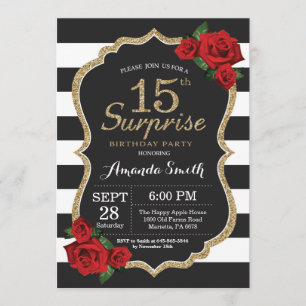 Invitación Surprise Red Rose 15th Birthday Invitation Gold
