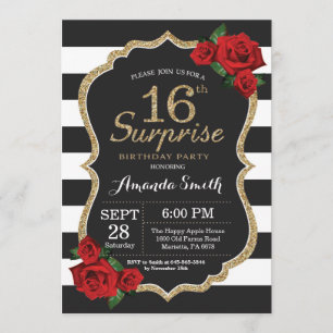 Invitación Surprise Red Rose 16th Birthday Invitation Gold