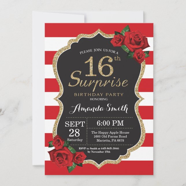 Invitación Surprise Red Rose 16th Birthday Invitation Gold (Anverso)