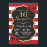 Invitación Surprise Red Rose 16th Birthday Invitation Gold<br><div class="desc">Sorpresa Red Rose 16th Birthday Invitation Gold Purpurina. Invitación a la fiesta de cumpleaños de oro y negro. Brillantina dorada. Rayas rojas y blancas. Pizarra. Digital Imprimible. Para una mayor personalización,  haga clic en el botón "Personalizar" y utilice nuestra herramienta de diseño para modificar esta plantilla.</div>