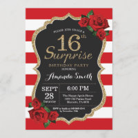 Surprise Red Rose 16th Birthday Invitation Gold