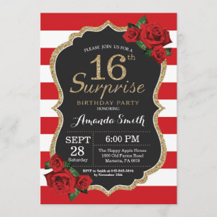 Invitación Surprise Red Rose 16th Birthday Invitation Gold