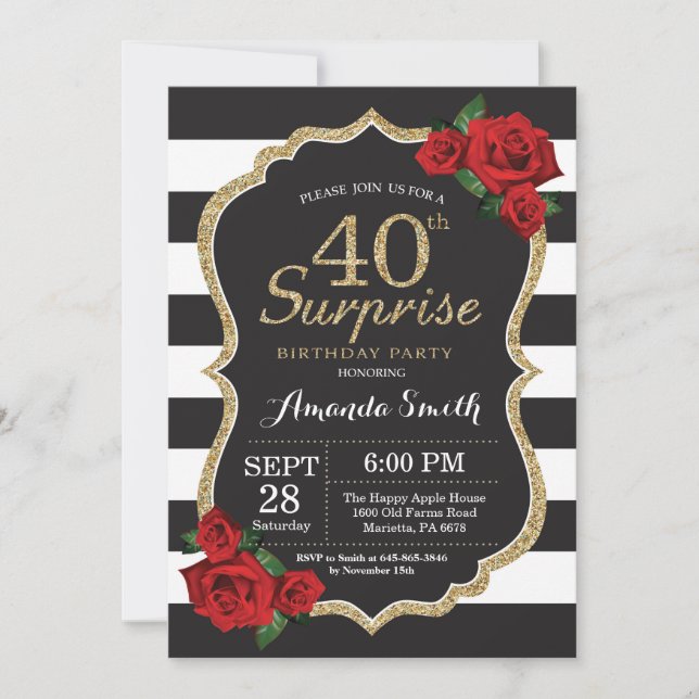 Invitación Surprise Red Rose 40th Birthday Invitation Gold (Anverso)