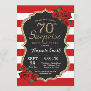Invitación Surprise Red Rose 70th Birthday Invitation Gold