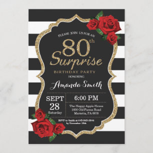 Invitación Surprise Red Rose 80th Birthday Invitation Gold