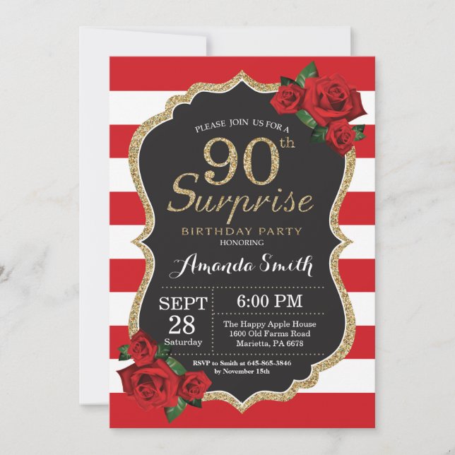 Invitación Surprise Red Rose 90th Birthday Invitation Gold (Anverso)