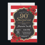 Invitación Surprise Red Rose 90th Birthday Invitation Gold<br><div class="desc">Sorpresa Red Rose 90th Birthday Invitation Gold Purpurina. Invitación a la fiesta de cumpleaños de oro y negro. Brillantina dorada. Rayas rojas y blancas. Pizarra. Digital Imprimible. Para una mayor personalización,  haga clic en el botón "Personalizar" y utilice nuestra herramienta de diseño para modificar esta plantilla.</div>