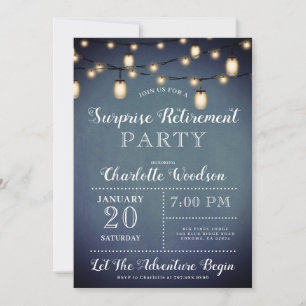 Invitación Surprise Retirement Fiesta String Lights Blue