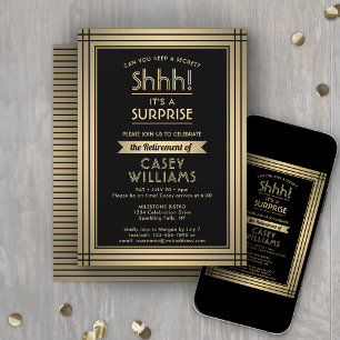 Invitación Surprise Retirement Party Elegant Black and Gold