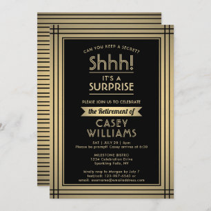 Invitación Surprise Retirement Party Elegant Black and Gold
