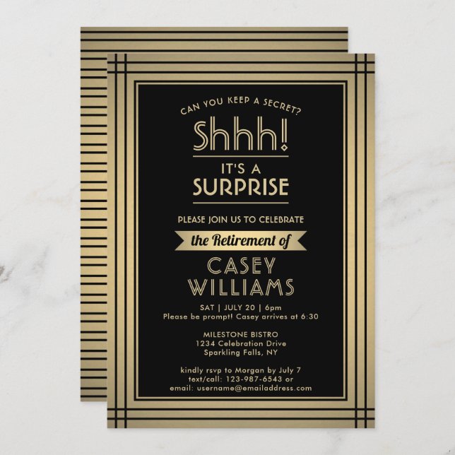 Invitación Surprise Retirement Party Elegant Black and Gold (Anverso / Reverso)