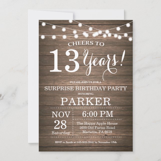 Invitación Surprise Rustic 13th Birthday Invitation Wood (Anverso)
