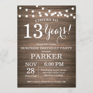 Invitación Surprise Rustic 13th Birthday Invitation Wood