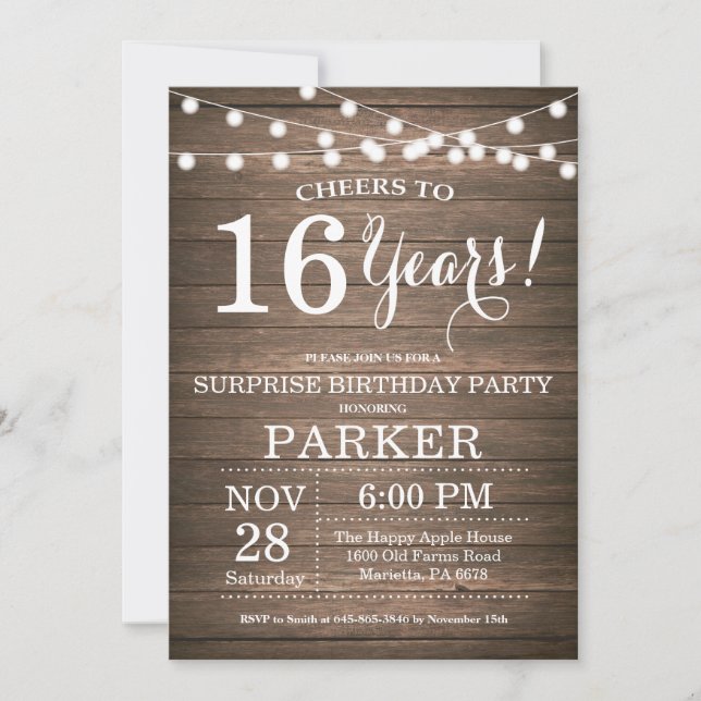Invitación Surprise Rustic 16th Birthday Invitation Wood (Anverso)