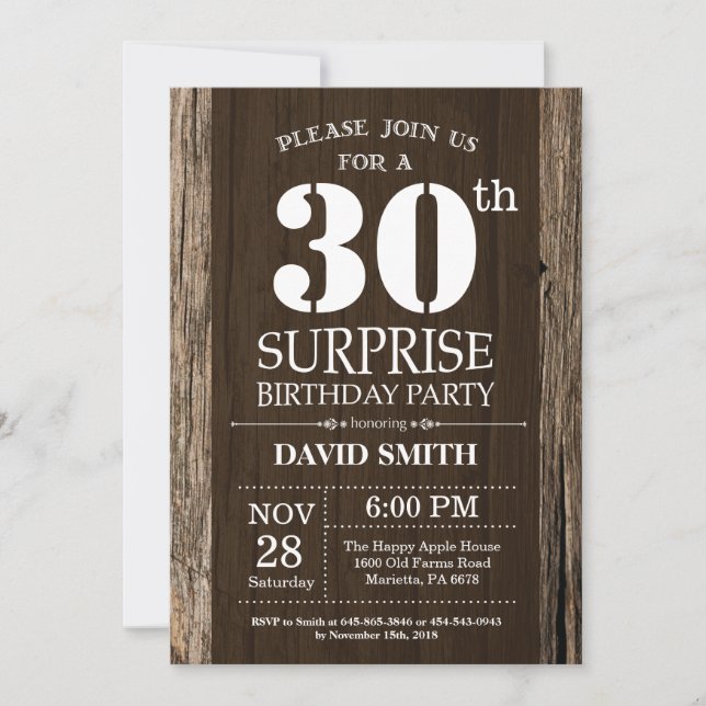 Invitación Surprise Rustic 30th Birthday Invitation Vintage (Anverso)