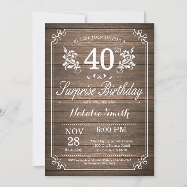 Invitación Surprise Rustic 40th Birthday Invitation Floral (Anverso)
