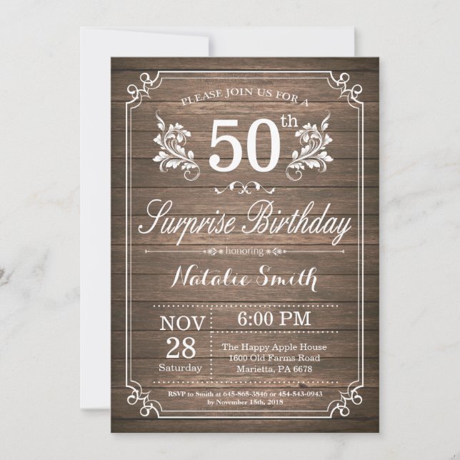 Invitación Surprise Rustic 50th Birthday Invitation Floral (Anverso)
