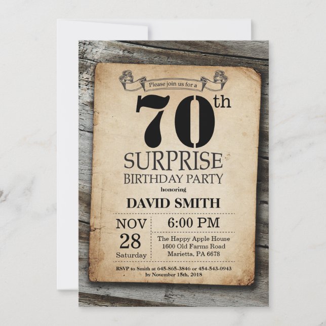 Invitación Surprise Rustic 70th Birthday Invitation (Anverso)