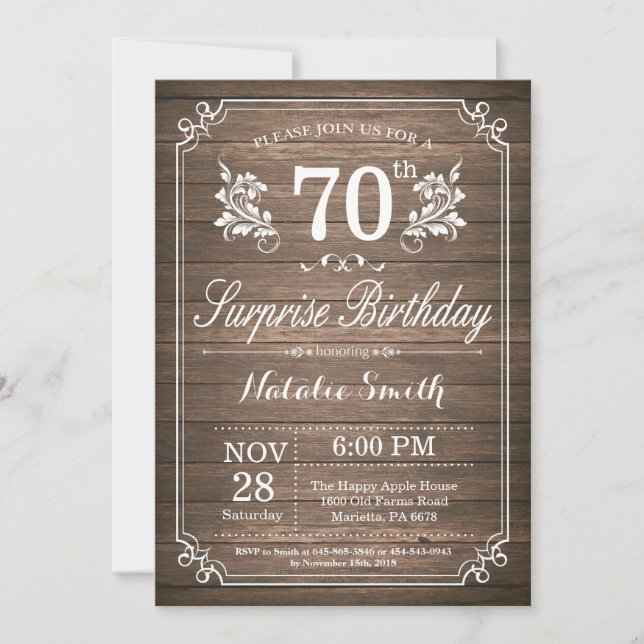 Invitación Surprise Rustic 70th Birthday Invitation Floral (Anverso)