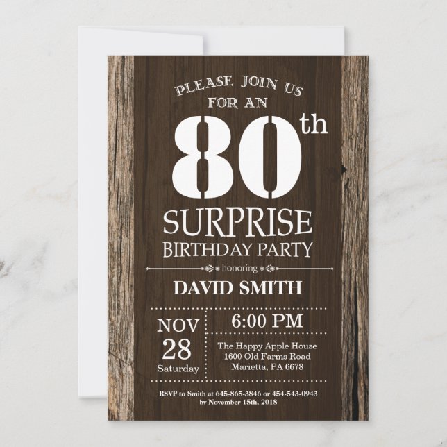 Invitación Surprise Rustic 80th Birthday Invitation (Anverso)