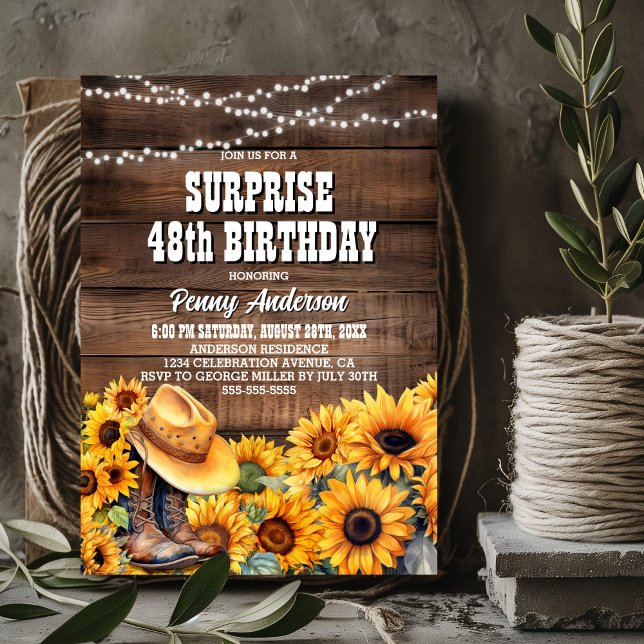 Invitación Surprise Rustic Wood Sunflower Birday Party (Subido por el creador)