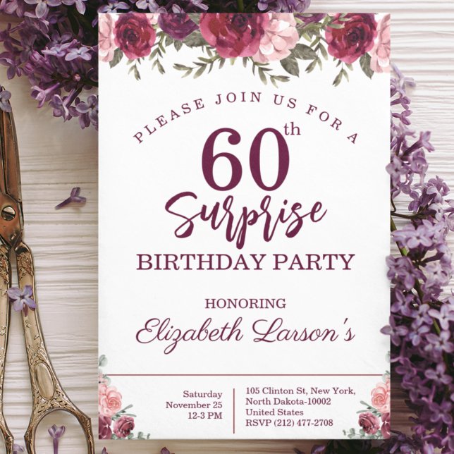 Invitación Surprise Senior Birday Party Floral Burgundy (Subido por el creador)