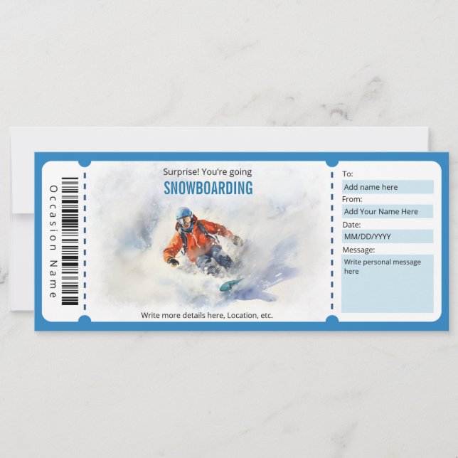Invitación Surprise Snowboarding Ticket Voucher Template (Anverso)