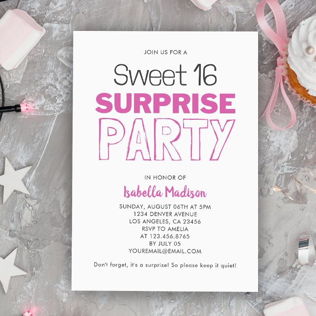 Invitación Surprise Sweet 16 (Surprise Sweet 16 Pink Birthday Party Invitation
)