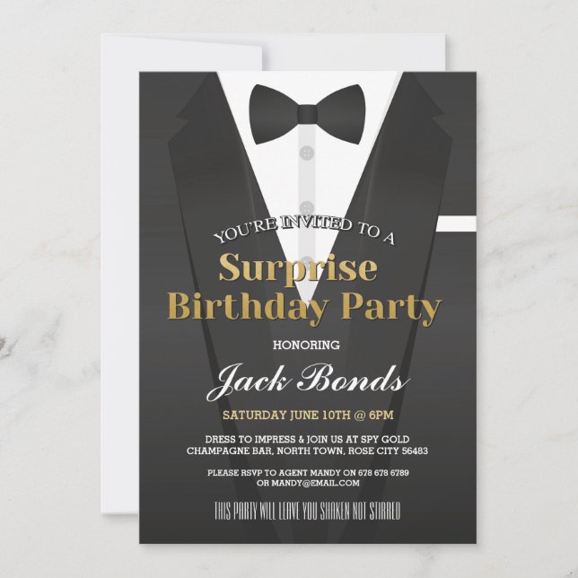 Invitación Surprise Tuxedo Black Tie Event Birday Agent (Anverso)