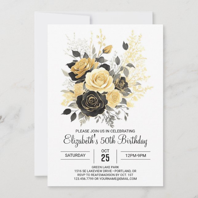 Invitación Surprise Wildflowers Gold y 50 cumpleaños (Anverso)
