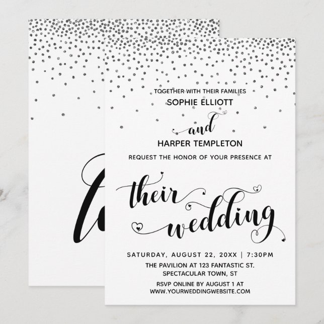 Invitación Sus Bodas Corazones Script Silver Confetti (Anverso / Reverso)