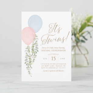 Invitación Sus gemelos azul rosa globo Eucalyptus Baby Shower