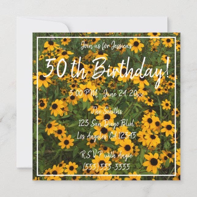 Invitación Susans Floral de ojos negros Foto 50 cumpleaños (Anverso)