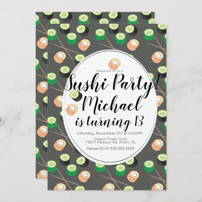 Invitación Sush Rolls Grey Birthday Hibachi Restaurant (Anverso / Reverso)
