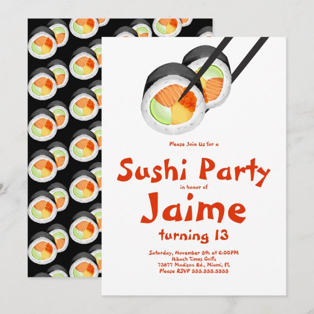 Invitación Sushi acuarela Hibachi cumpleaños adolescente (Anverso / Reverso)