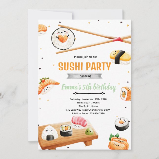 Invitación Sushi birthday kid party invitation (Anverso)