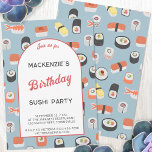 Invitación Sushi Birthday Party<br><div class="desc">Invitación divertida y moderna a la fiesta de cumpleaños del sushi japonés. La parte posterior presenta un patrón de sushi que le permite disfrutar de una deliciosa ayuda. Personalizar el texto para que se adapte a tu celebración. Arte original de Nic Squirrell</div>
