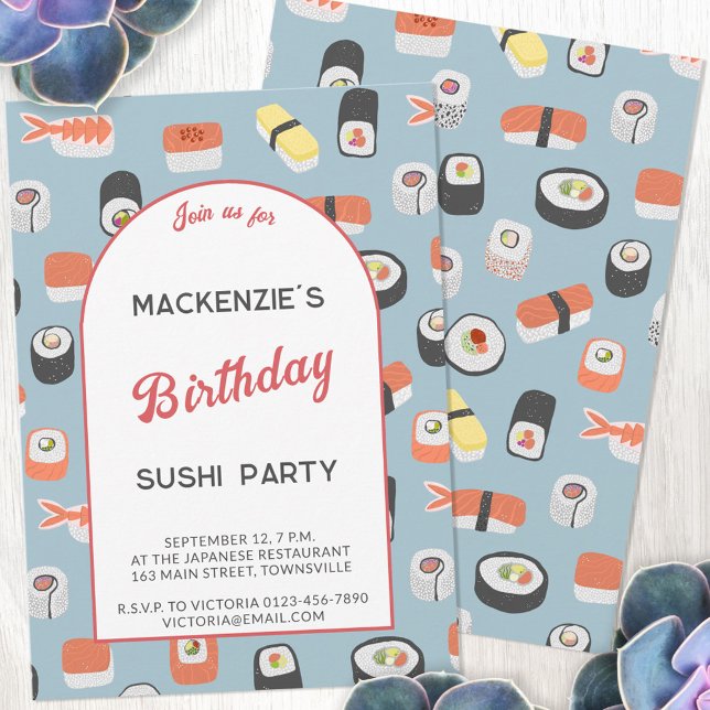 Invitación Sushi Birthday Party (Fun Japanese sushi food art themed birthday party invitation with personalized custom text)