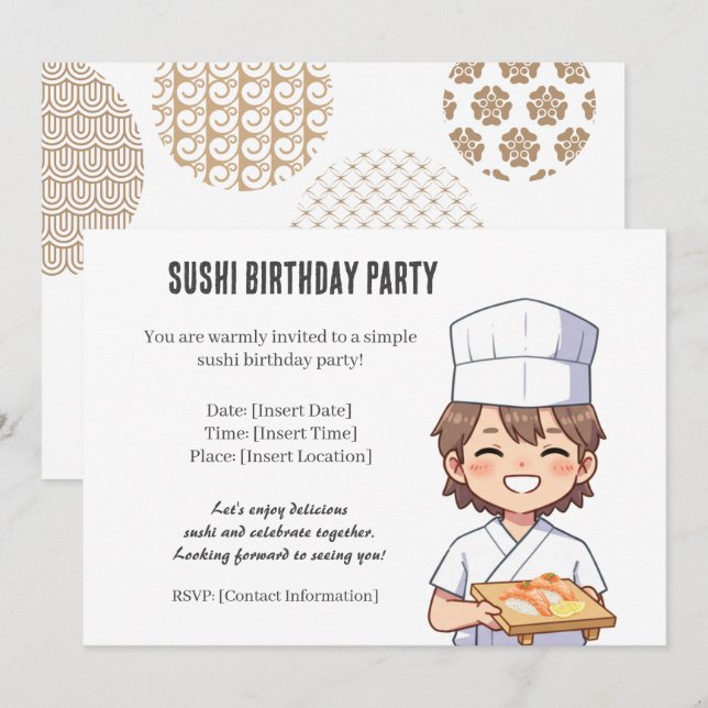 Invitación Sushi Birthday Party Invitation with Cute Anime  (Anverso / Reverso)