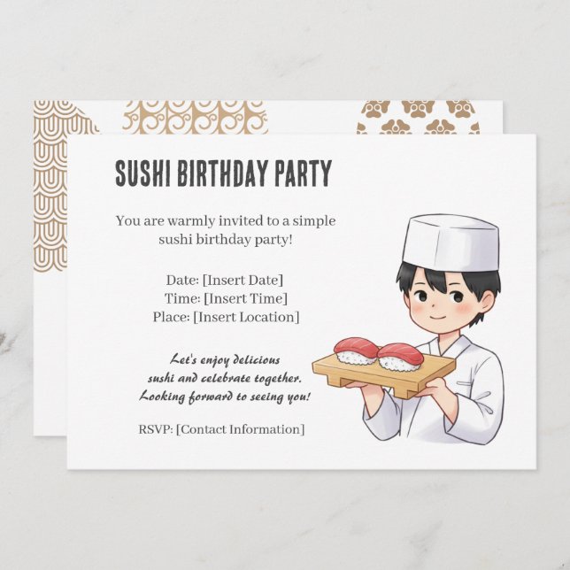 Invitación Sushi Birthday Party Invitation with Cute Anime  (Anverso / Reverso)