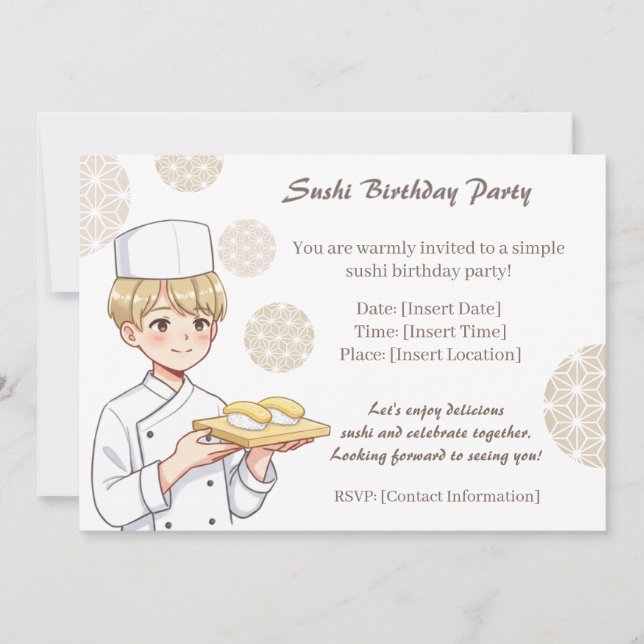 Invitación Sushi Birthday Party Invitation with Cute Anime  (Anverso)
