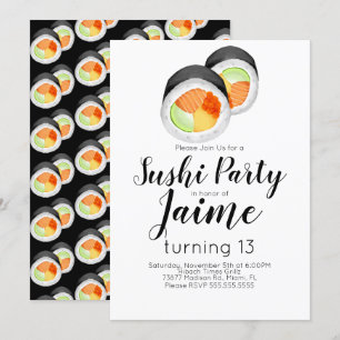 Invitación Sushi de Acuarela Cumpleaños de Adolescente Comida