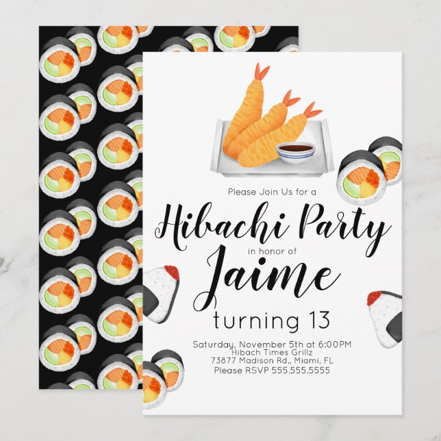 Invitación Sushi de Acuarela Cumpleaños de Adolescente Tempur (Anverso / Reverso)